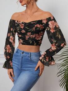 SHEIN VCAY Floral Print Off Shoulder Ruched Crop Top - Black - View 4