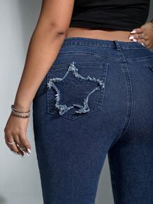 SHEIN ICON Plus Star Pattern Flare Leg Jeans - Blue - View 5