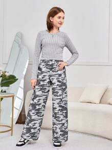 SHEIN Teen Girl Solid Tee & Camo Print Wide Leg Pants - Light Grey - View 5