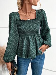 SHEIN VCAY Square Neck Lantern Sleeve Peplum Blouse - Dark Green - View 3