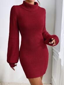 SHEIN Privé Turtleneck Lantern Sleeve Sweater Dress Without Belt In Fall/Winter - Red - View 4