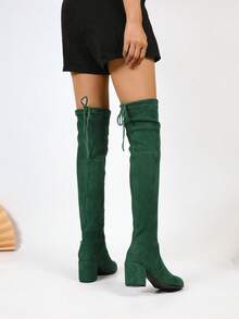 Knee-high Chunky Heel Solid Color Women's Boots - Green - View 4