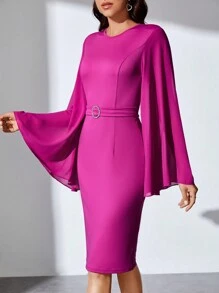 SHEIN Tall Trumpet Sleeve Bodycon Dress - Hot Pink - View 3