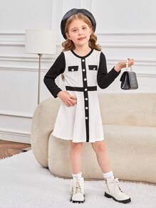 女小童雙色前紐扣洋裝 - 黑與白 - 查看 1