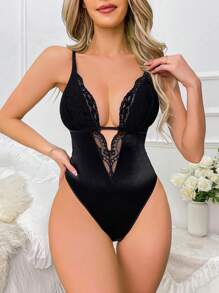 Contrast Lace Plunging Neck Backless Cami Shapewear Bodysuit - Black - View 5