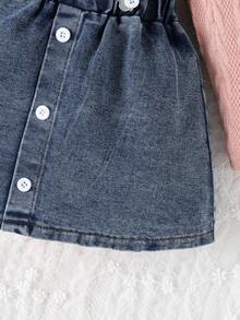 Baby Girl Ruffle Trim Mock Neck Tee & Denim Pinafore Skirt - Dusty Pink - View 6