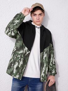SHEIN Teen Boy Camo Print Colorblock Zip Up Hooded Coat - Multicolor - View 6