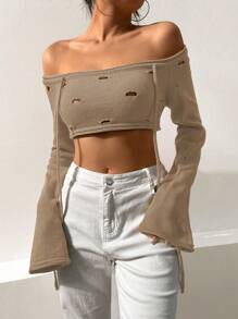 SHEIN Unity 一字肩鏤空荷葉袖短款毛衣 - 卡其色 - 查看 1