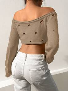 SHEIN Unity 一字肩鏤空荷葉袖短款毛衣 - 卡其色 - 查看 2