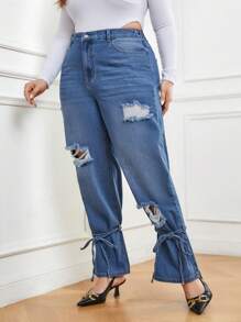 SHEIN Privé Plus High Waist Ripped Knot Hem Ripped Jeans - Dark Wash - View 6