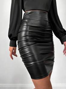高腰褶邊皮革外觀包臀半身裙 - 黑色 - 查看 5