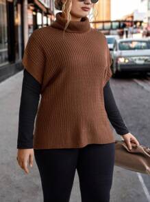 EMERY ROSE Plus Turtleneck Batwing Sleeve Knit Top Without Tee - Brown - View 3