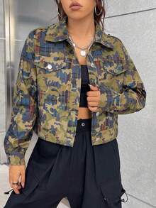 Pamile Camo Print Drop Shoulder Crop Jacket - Multicolor - View 4