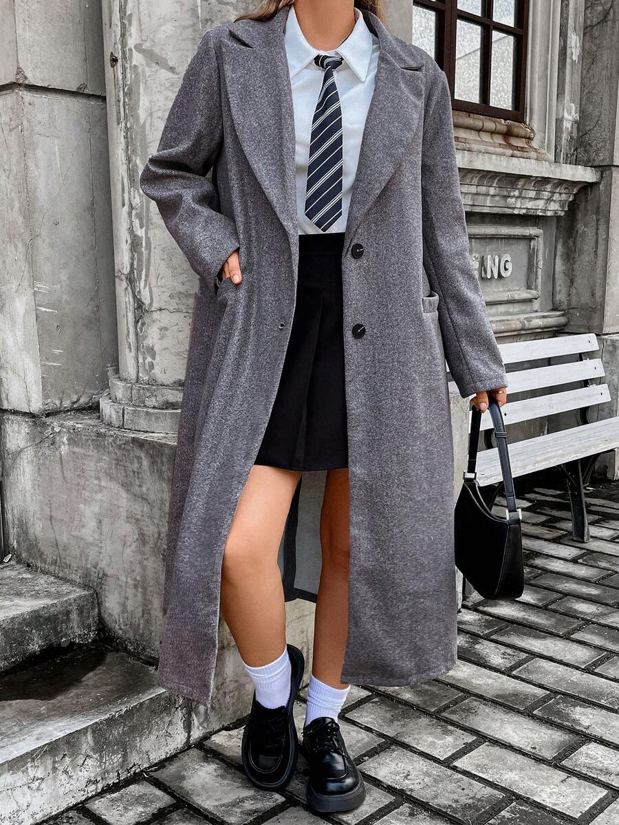 Flirla Hơn Cổ áo Ngực đơn Áo khoác - Xám - Xem 1