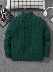 SHEIN 1 chiếc áo len dệt kim họa tiết xoắn thông thường dành cho bé trai có nút trang trí & cổ cao dày ấm áp, thích hợp cho các dịp ở nhà/thường ngày/đường phố/đi học, mùa thu/đông - Màu xanh lá cây đậm - Xem 1