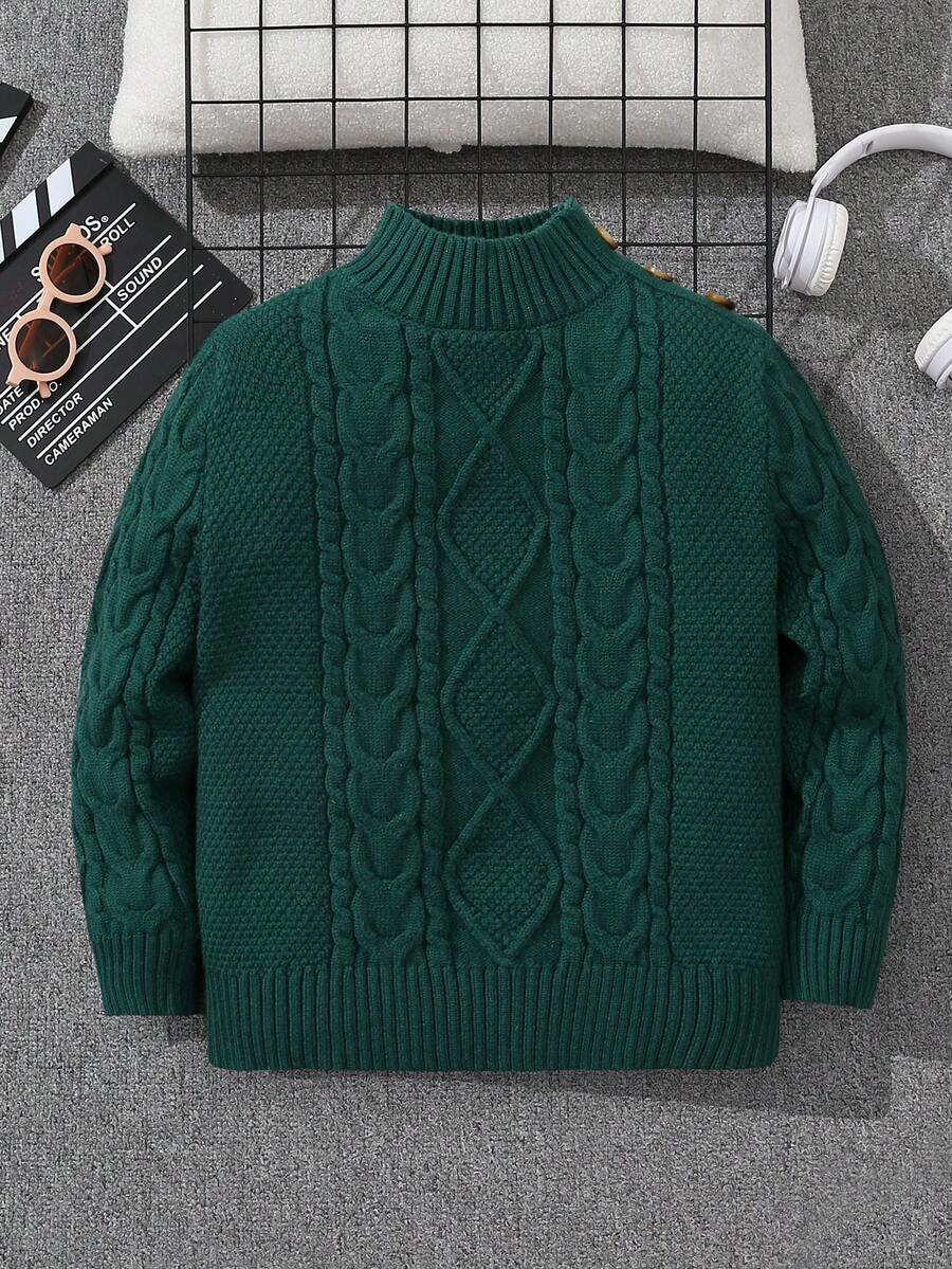 SHEIN 1 chiếc áo len dệt kim họa tiết xoắn thông thường dành cho bé trai có nút trang trí & cổ cao dày ấm áp, thích hợp cho các dịp ở nhà/thường ngày/đường phố/đi học, mùa thu/đông - Màu xanh lá cây đậm - Xem 1