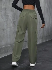 SHEIN Unity Pantalones cargo de mujer de unicolor casual con cordón en la cintura y bolsillo con solapa - Verde militar - Ver 2
