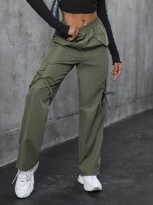 SHEIN Unity Pantalones cargo de mujer de unicolor casual con cordón en la cintura y bolsillo con solapa - Verde militar - Ver 3