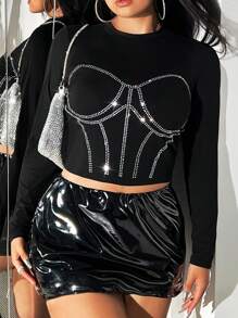 SHEIN ICON 大碼水鑽細節短款T恤 - 黑色 - 查看 1