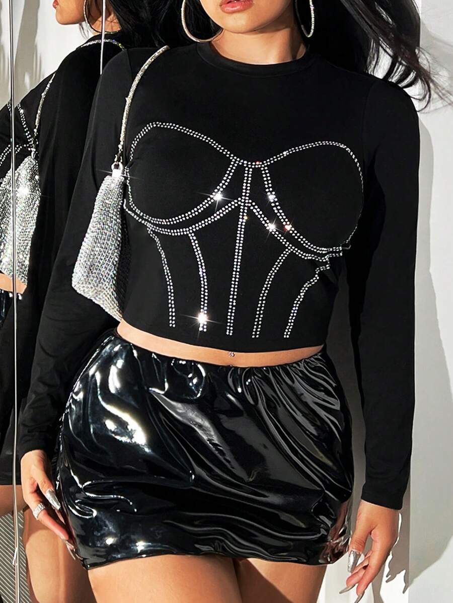 SHEIN ICON 大碼水鑽細節短款T恤 - 黑色 - 查看 1