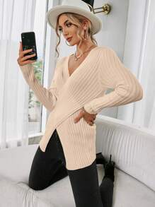 SHEIN Clasi 交叉罗纹针织套头衫秋冬毛衣 - 杏色 - 查看 5