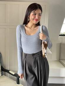 SHEIN Unity Jersey de cuello scoop tejido de canalé - Gris - Ver 3