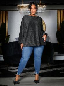 SHEIN CURVE+ 大碼垂墜後綁帶蝙蝠袖金屬亮絲T恤 - 彩色 - 查看 5