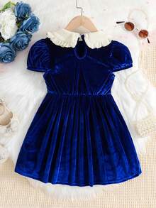 SHEIN 女小童泡泡袖彼得潘領洋裝 - 藍色 - 查看 2