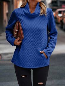 SHEIN Clasi Chất rắn Cổ cao Túi kangaroo Áo thun - Xanh đậm - Xem 5