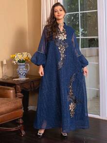 SISKAKIA Váy dài dự tiệc ngày lễ Abaya cho phụ nữ Hồi giáo cổ đứng khoét kim sa tay áo cánh hoa có thắt lưng - Màu xanh hải quân - Xem 5