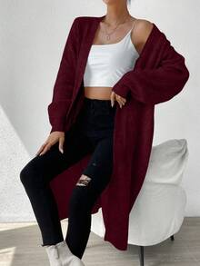 SHEIN Essnce 落肩休闲设计开衫 - 酒紅色 - 查看 5