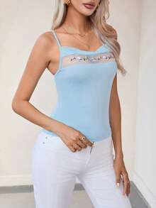 SHEIN Privé Thêu hoa Mặt trước xếp ly dọc Cami ngọn - Màu xanh lam - Xem 5