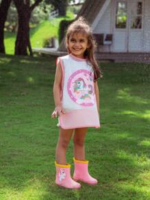 Girls' Waterproof & Stain Resistant Pink Unicorn Printed Vest For Eating
