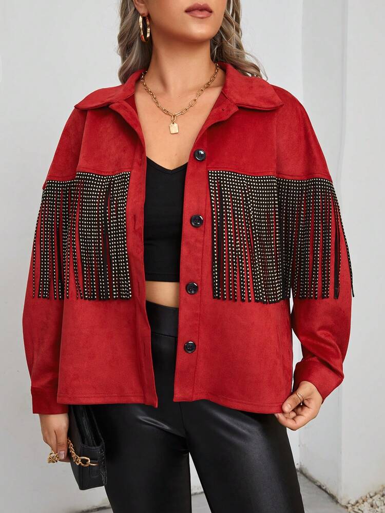 Plus Fringe Trim Button Front Jacket