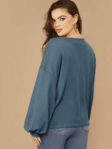 SHEIN LUNE Plus Drop Shoulder Lantern Sleeve Waffle Knit Tee - Dusty Blue - View 2