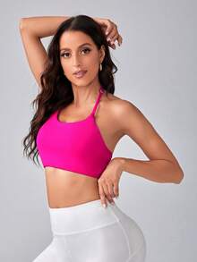 SHEIN Yoga Sxy Chất rắn Thánh giá Không lưng Bras thể thao - Màu Hồng Tươi - Xem 3
