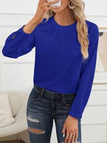 SHEIN Essnce Solid Keyhole Back Blouse - Blue - View 1