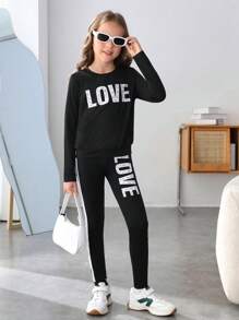 Tween Girl Letter Graphic Tee & Leggings - Black - View 5