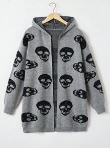 SHEIN EZwear Cárdigan de plumero con patrón de cráneo de hombros caídos con capucha - Gris - Ver 1