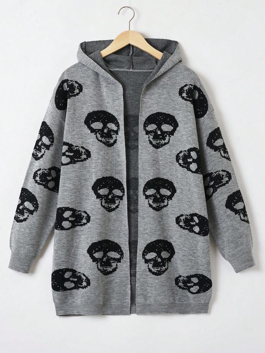SHEIN EZwear Cárdigan de plumero con patrón de cráneo de hombros caídos con capucha - Gris - Ver 1