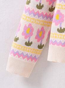 SHEIN 女大童花卉圖案Polo領落肩袖套頭毛衣 - 杏色 - 查看 3