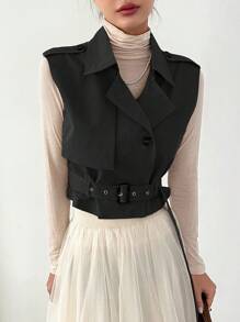 DAZY Solid Belted Vest Jacket - Black - View 4