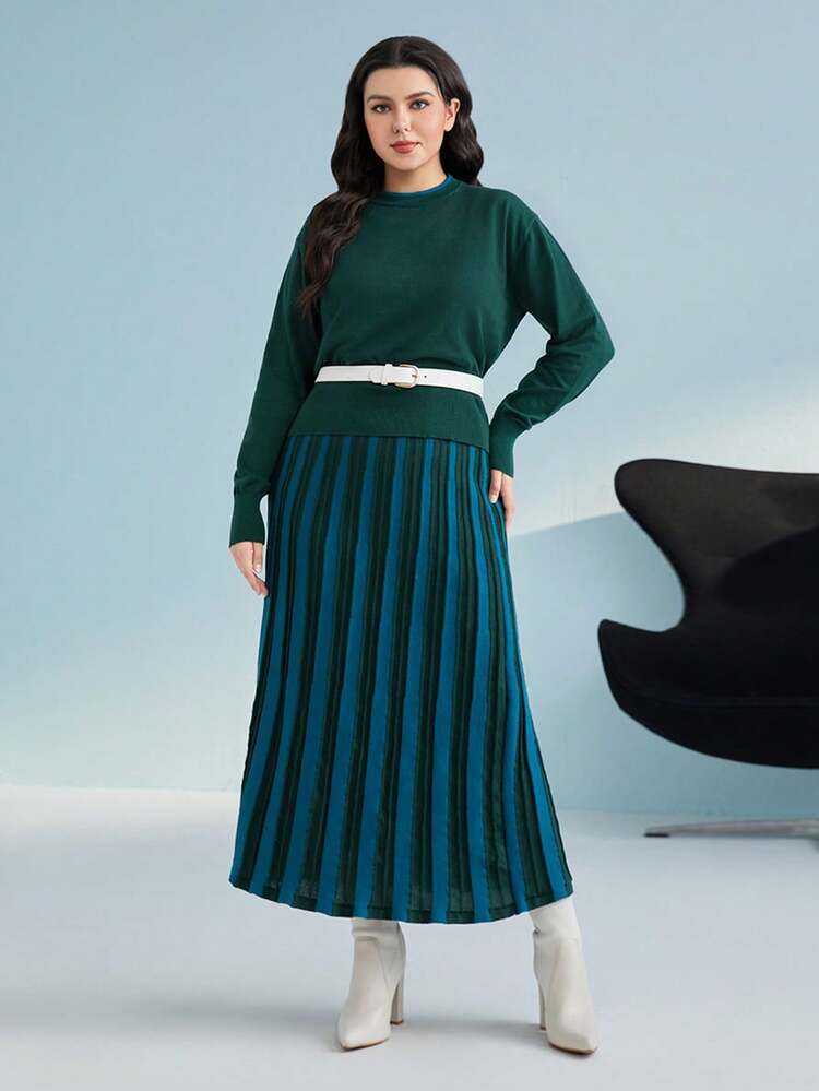 Plus Mock Neck Sweater & Pleated Knit Skirt Without Belt