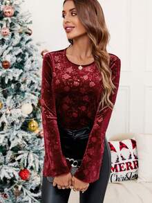 SHEIN Clasi Hoa Dệt hoa Tay áo kèn  Áo thun - Đỏ - Xem 5