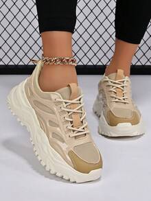 女士戶外時尚舒適透氣圓頭運動鞋，防滑、透氣適用於跑步，厚底增高粗跟運動鞋，休閒運動鞋 - 卡其色 - 查看 1