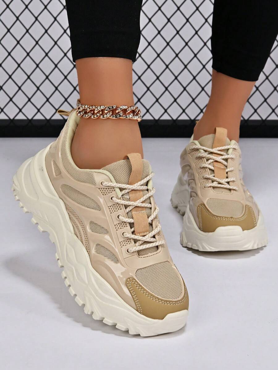 女士戶外時尚舒適透氣圓頭運動鞋，防滑、透氣適用於跑步，厚底增高粗跟運動鞋，休閒運動鞋 - 卡其色 - 查看 1