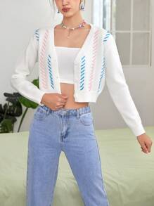 SHEIN EZwear Drop Shoulder Crop Cardigan - Beige - View 6