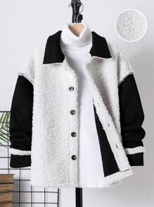 SHEIN Tween Boy Two Tone Drop Shoulder Teddy Coat Without Sweater - Black and White - View 1