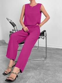 Siren Gaze Solid Tank Top & Wide Leg Pants Christmas Summer Casual - Hot Pink - View 4