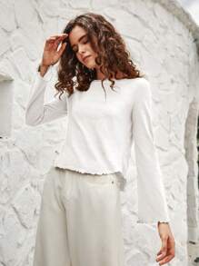 Bohemela Lettuce Trim Trumpet Sleeve Asymmetrical Hem Tee - White - View 5